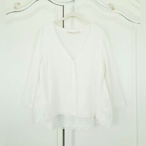 Soft Surroundings Ivory Broderie Hem 3/4 Sleeve Cardigan Sweater Medium